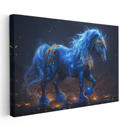 Fantastik Mavi At - Altın Detaylı Büyülü Görünüm Kanvas Tablo