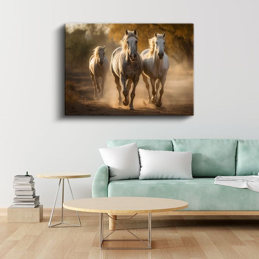 Beyaz At Sürüsü - Altın Tozlu Yolda Koşu Kanvas Tablo