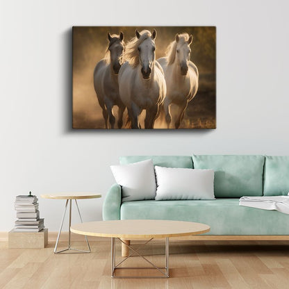 Asil Beyaz Atlar - Altın Işıklı Tozlu Patikada Kanvas Tablo