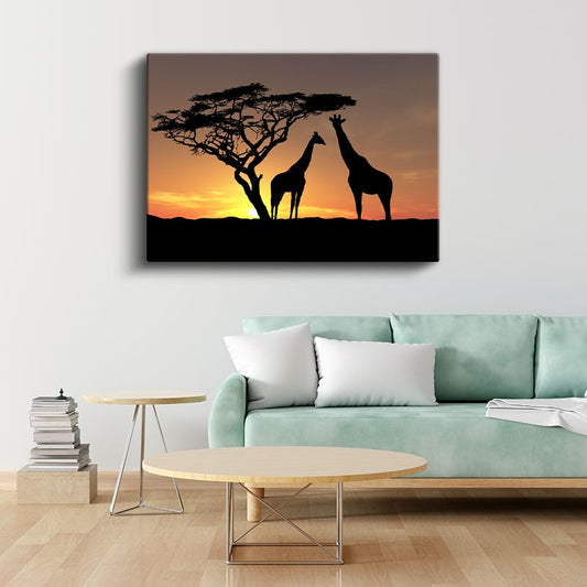 Zürafa Silüetleri - Afrika Gün Batımı Kanvas Tablo