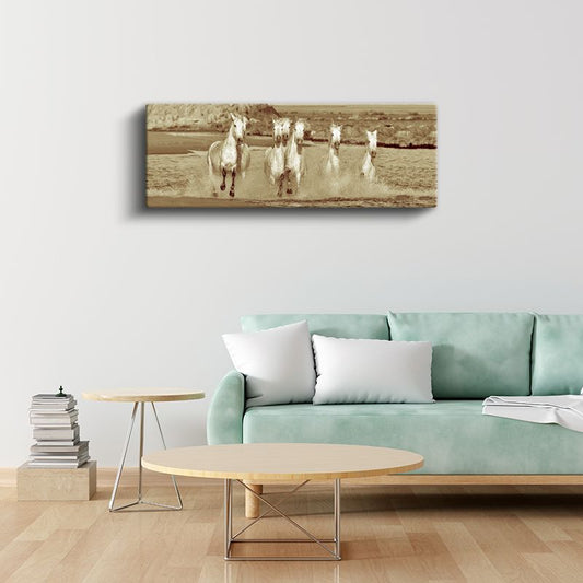 Nostaljik Koşu - Sepya Tonlarında Özgür Atlar Kanvas Tablo