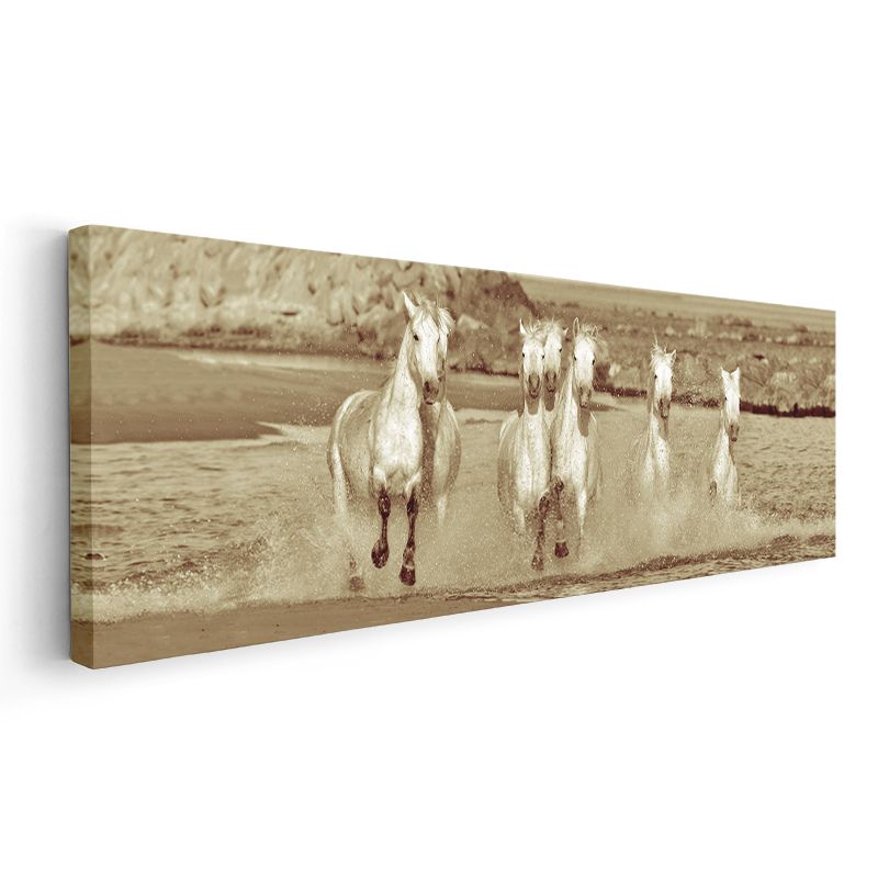 Nostaljik Koşu - Sepya Tonlarında Özgür Atlar Kanvas Tablo