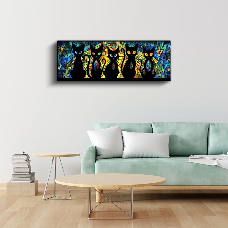 Mistik Kediler - Vitray Desenli Siyah Kedi Siluetleri Kanvas Tablo