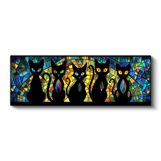 Mistik Kediler - Vitray Desenli Siyah Kedi Siluetleri Kanvas Tablo