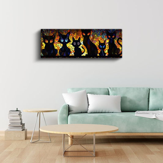 Vitray Kediler - Renkli Cam Efektli Siyah Kedi Siluetleri Kanvas Tablo