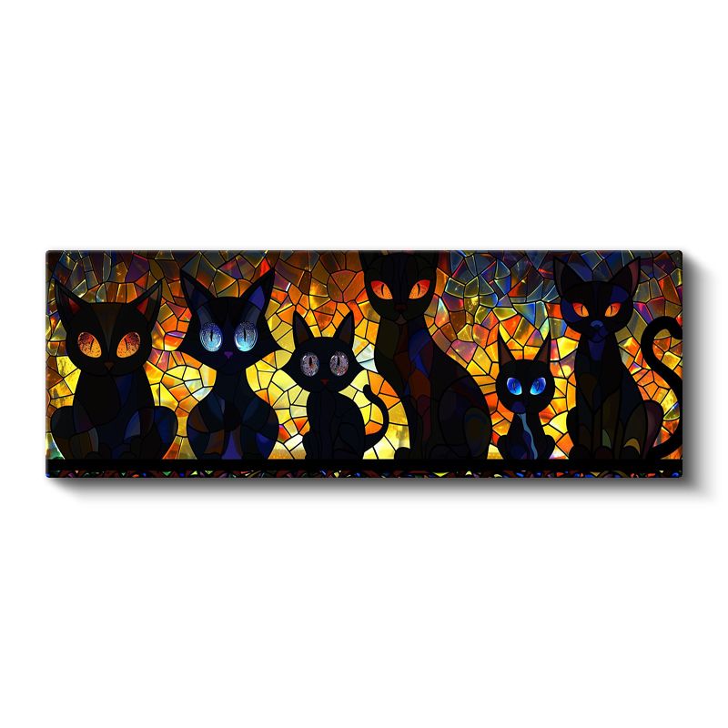 Vitray Kediler - Renkli Cam Efektli Siyah Kedi Siluetleri Kanvas Tablo