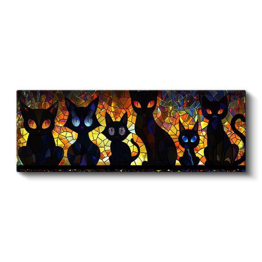 Vitray Kediler - Renkli Cam Efektli Siyah Kedi Siluetleri Kanvas Tablo