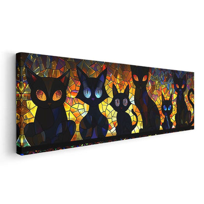 Vitray Kediler - Renkli Cam Efektli Siyah Kedi Siluetleri Kanvas Tablo