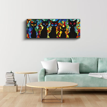 Renkli Gözlü Kediler - Vitray Desenli Siyah Kedi Koleksiyonu Kanvas Tablo