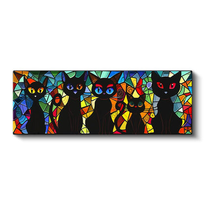 Renkli Gözlü Kediler - Vitray Desenli Siyah Kedi Koleksiyonu Kanvas Tablo