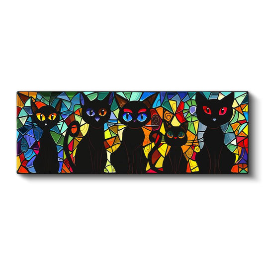 Renkli Gözlü Kediler - Vitray Desenli Siyah Kedi Koleksiyonu Kanvas Tablo