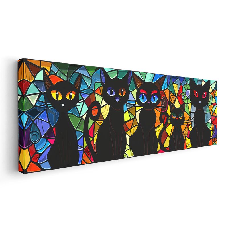 Renkli Gözlü Kediler - Vitray Desenli Siyah Kedi Koleksiyonu Kanvas Tablo
