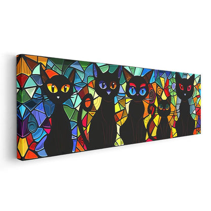 Renkli Gözlü Kediler - Vitray Desenli Siyah Kedi Koleksiyonu Kanvas Tablo