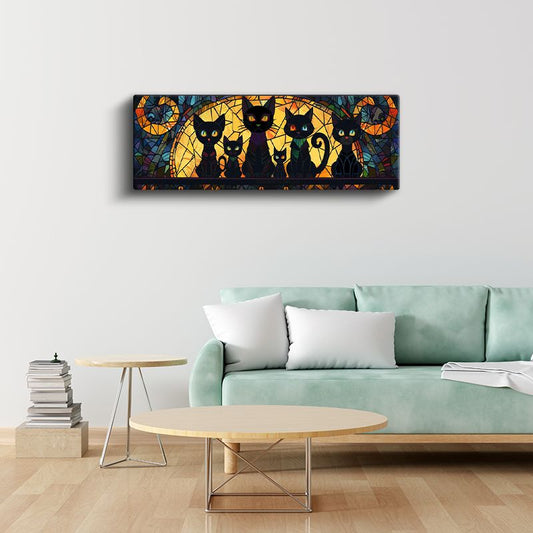 Kedi Ailesi - Vitray Desenli Farklı Boyutlarda Kediler Kanvas Tablo