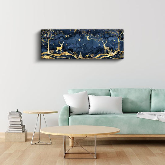 Gece Geyikleri - Yıldızlı Gökyüzü Altında Altın Geyikler Kanvas Tablo
