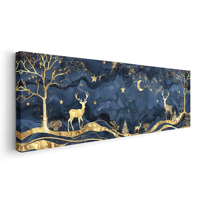 Gece Geyikleri - Yıldızlı Gökyüzü Altında Altın Geyikler Kanvas Tablo