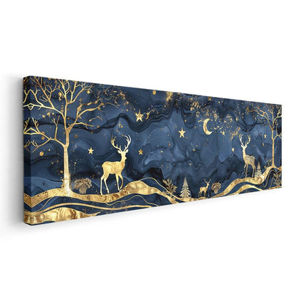 Gece Geyikleri - Yıldızlı Gökyüzü Altında Altın Geyikler Kanvas Tablo