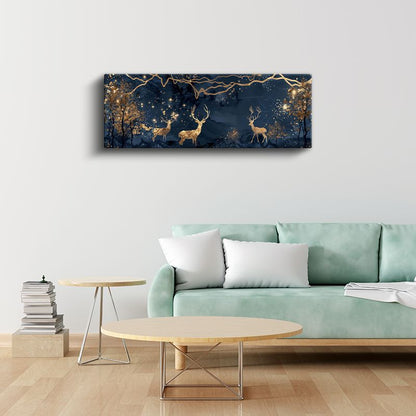 Altın Geyikler - Lacivert Gökyüzünde Parlayan Geyik Siluetleri Kanvas Tablo