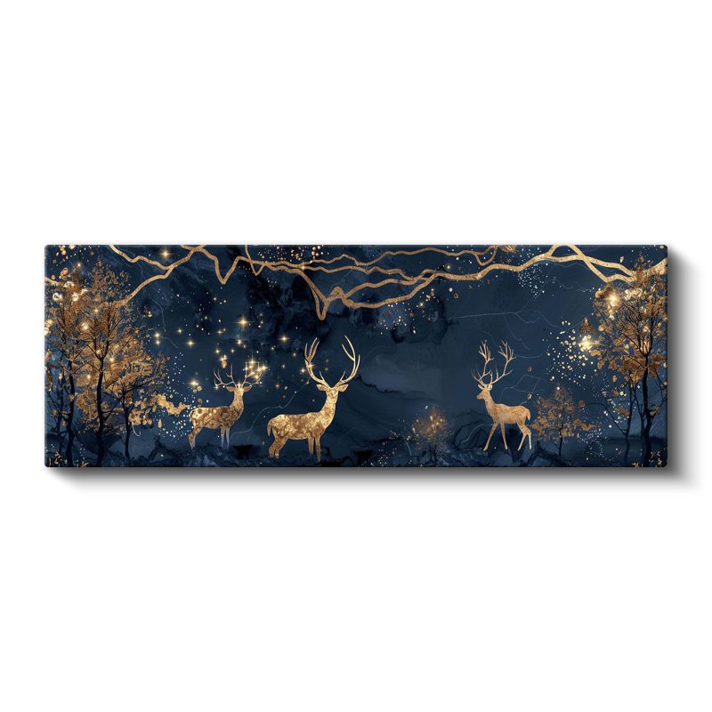 Altın Geyikler - Lacivert Gökyüzünde Parlayan Geyik Siluetleri Kanvas Tablo