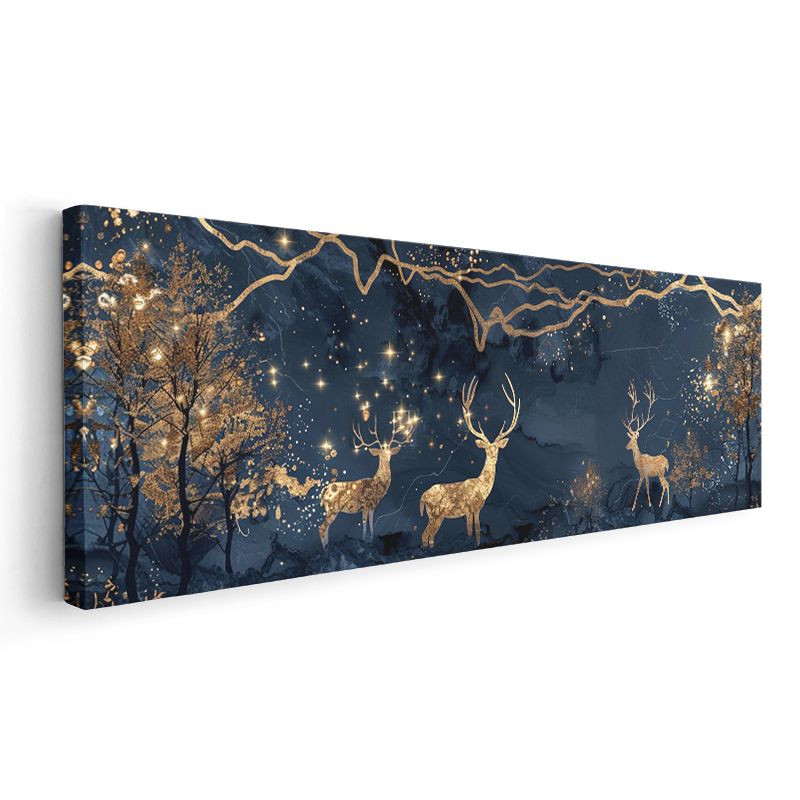 Altın Geyikler - Lacivert Gökyüzünde Parlayan Geyik Siluetleri Kanvas Tablo