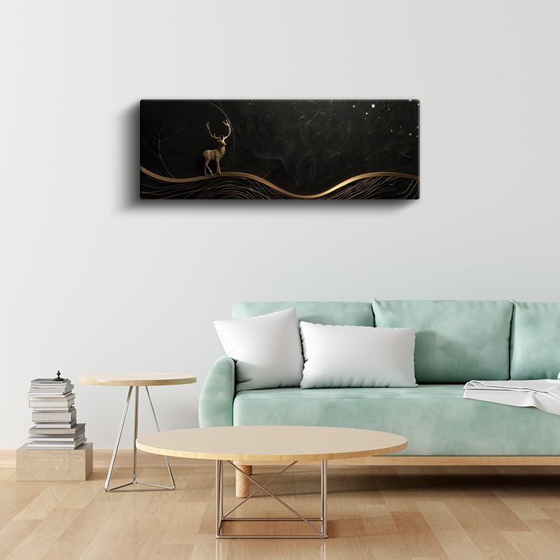 Gece Geyiği - Siyah Zeminde Altın Geyik Silueti Kanvas Tablo