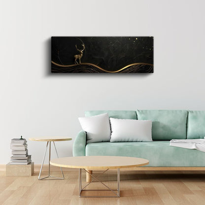 Gece Geyiği - Siyah Zeminde Altın Geyik Silueti Kanvas Tablo