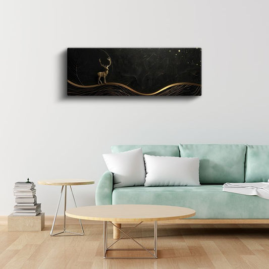 Gece Geyiği - Siyah Zeminde Altın Geyik Silueti Kanvas Tablo