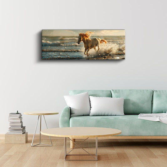 Altın Dalgalar - Su Sıçratarak Koşan Krem At Kanvas Tablo