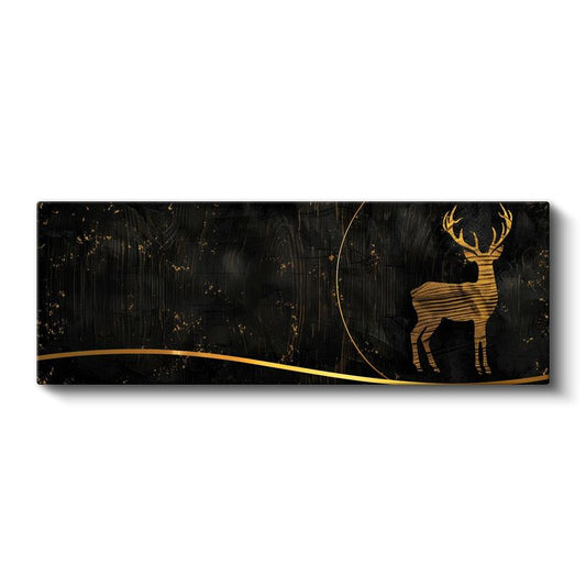 Ahşap Geyik - Siyah Zeminde Altın Detaylı Geyik Kanvas Tablo
