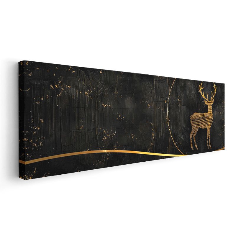 Ahşap Geyik - Siyah Zeminde Altın Detaylı Geyik Kanvas Tablo