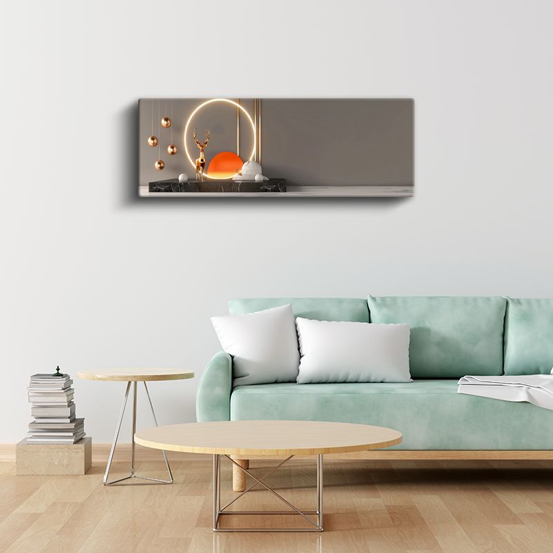 Modern Geyik - Işıklı Çember İçinde Altın Heykel Kanvas Tablo