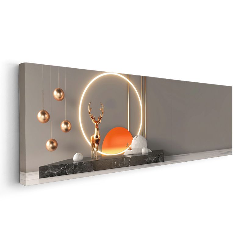 Modern Geyik - Işıklı Çember İçinde Altın Heykel Kanvas Tablo