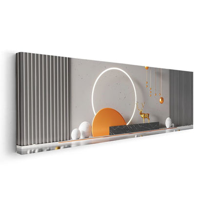 Modern Geyik - Işıklı Çember İçinde Altın Heykel Kanvas Tablo