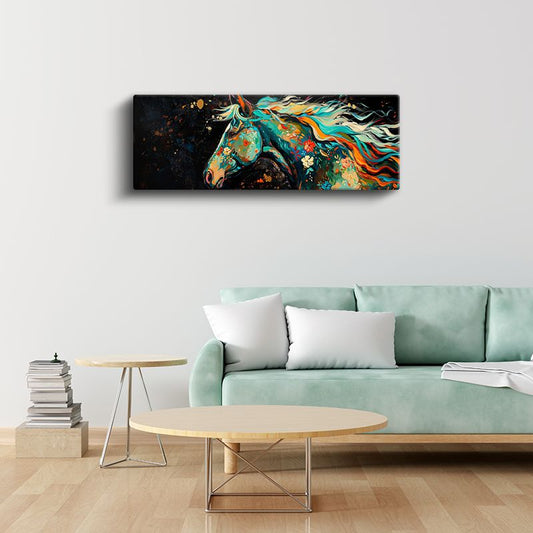 Çiçekli Rüya - Turkuaz ve Turuncu Tonlarında At Portresi Kanvas Tablo