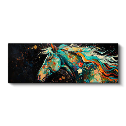 Çiçekli Rüya - Turkuaz ve Turuncu Tonlarında At Portresi Kanvas Tablo