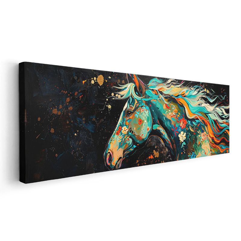 Çiçekli Rüya - Turkuaz ve Turuncu Tonlarında At Portresi Kanvas Tablo