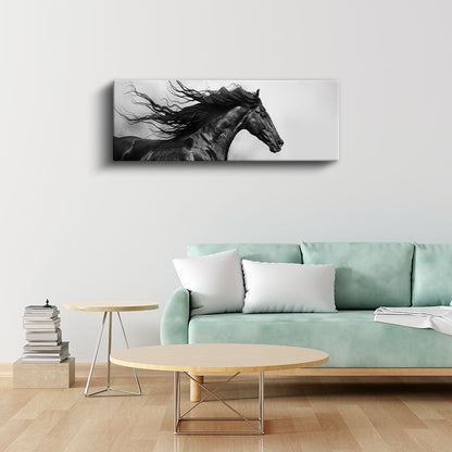 Özgür Ruh - Dalgalanan Yeleli Siyah At Kanvas Tablo