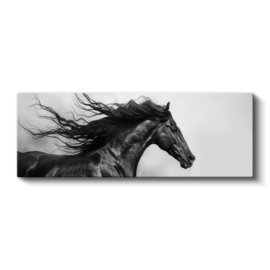 Özgür Ruh - Dalgalanan Yeleli Siyah At Kanvas Tablo