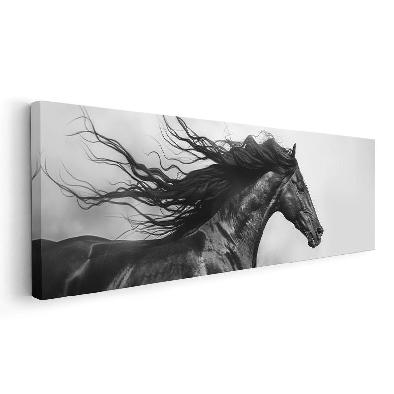 Özgür Ruh - Dalgalanan Yeleli Siyah At Kanvas Tablo