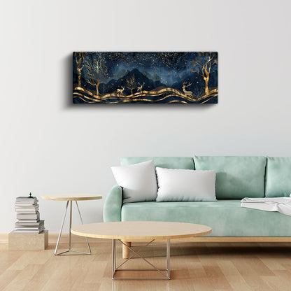 Gece Ormanı - Lacivert Gökyüzünde Altın Geyikler Kanvas Tablo