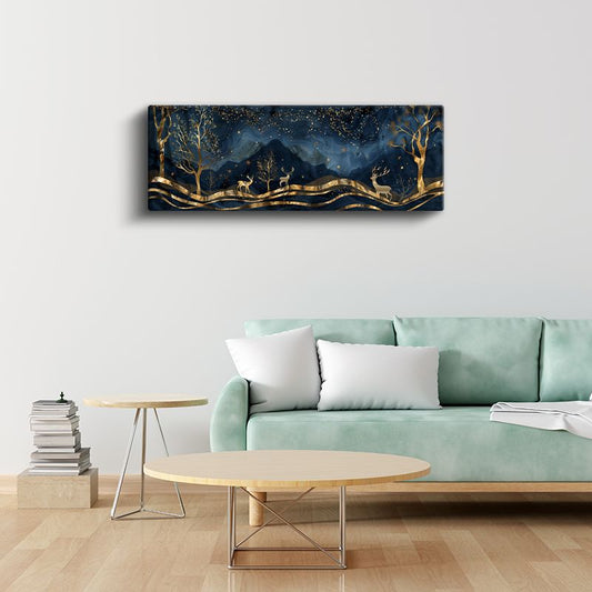 Gece Ormanı - Lacivert Gökyüzünde Altın Geyikler Kanvas Tablo