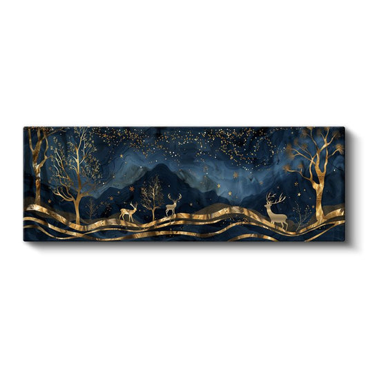 Gece Ormanı - Lacivert Gökyüzünde Altın Geyikler Kanvas Tablo