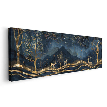 Gece Ormanı - Lacivert Gökyüzünde Altın Geyikler Kanvas Tablo