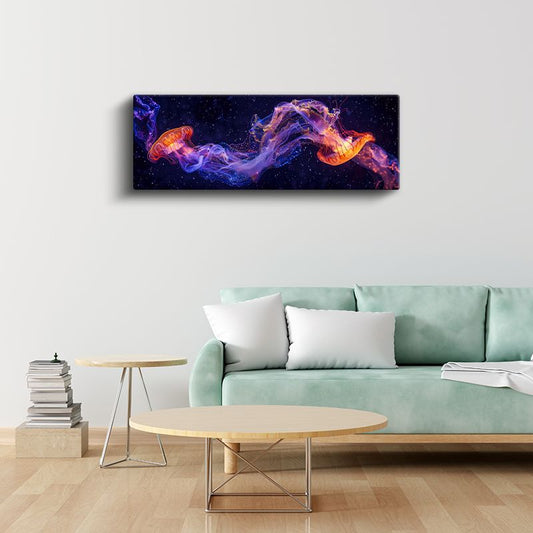 Kozmik Denizanası - Mor ve Turuncu Işıltılı Deniz Canlısı Kanvas Tablo