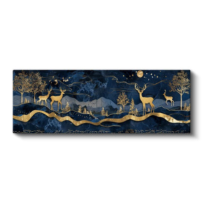 Gece Geyikleri - Lacivert Gökyüzünde Altın Detaylı Manzara Kanvas Tablo