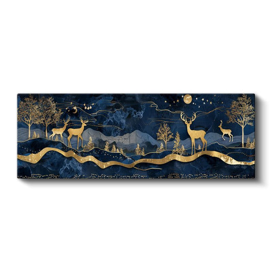 Gece Geyikleri - Lacivert Gökyüzünde Altın Detaylı Manzara Kanvas Tablo