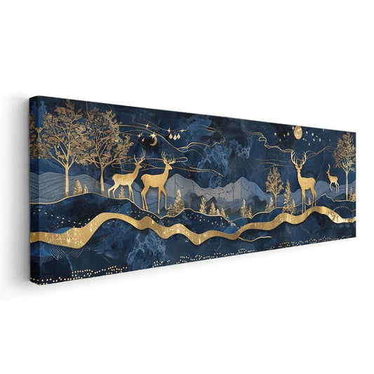 Gece Geyikleri - Lacivert Gökyüzünde Altın Detaylı Manzara Kanvas Tablo