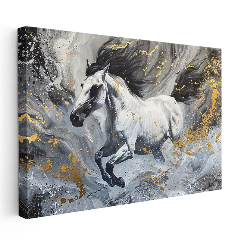 Yatay Kanvas Tablo Gri Akışkan Fon Altın Detaylı At Tablosu Ev Ofis Duvar Dekoru