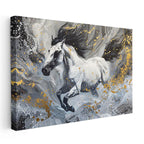 Yatay Kanvas Tablo Gri Akışkan Fon Altın Detaylı At Tablosu Ev Ofis Duvar Dekoru