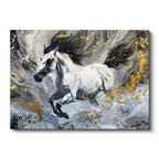 Yatay Kanvas Tablo Gri Akışkan Fon Altın Detaylı At Tablosu Ev Ofis Duvar Dekoru